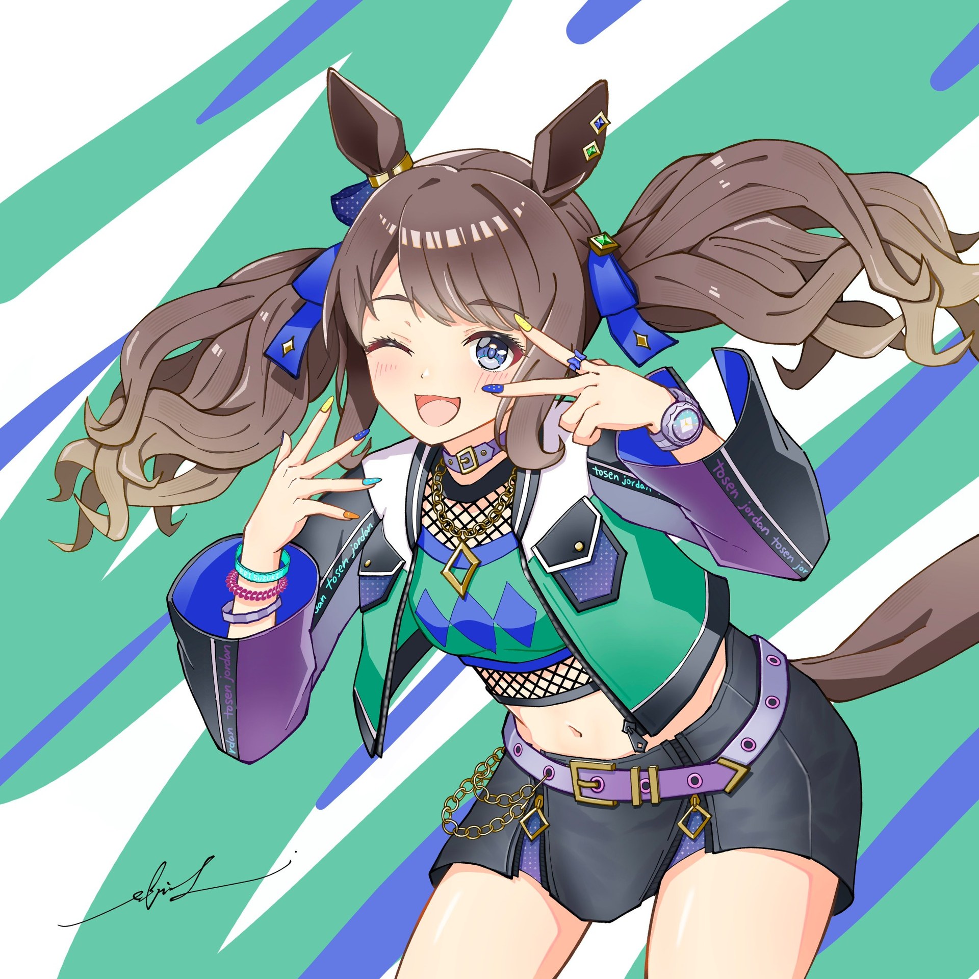 緑と青を背景にポーズを取るキャラクター